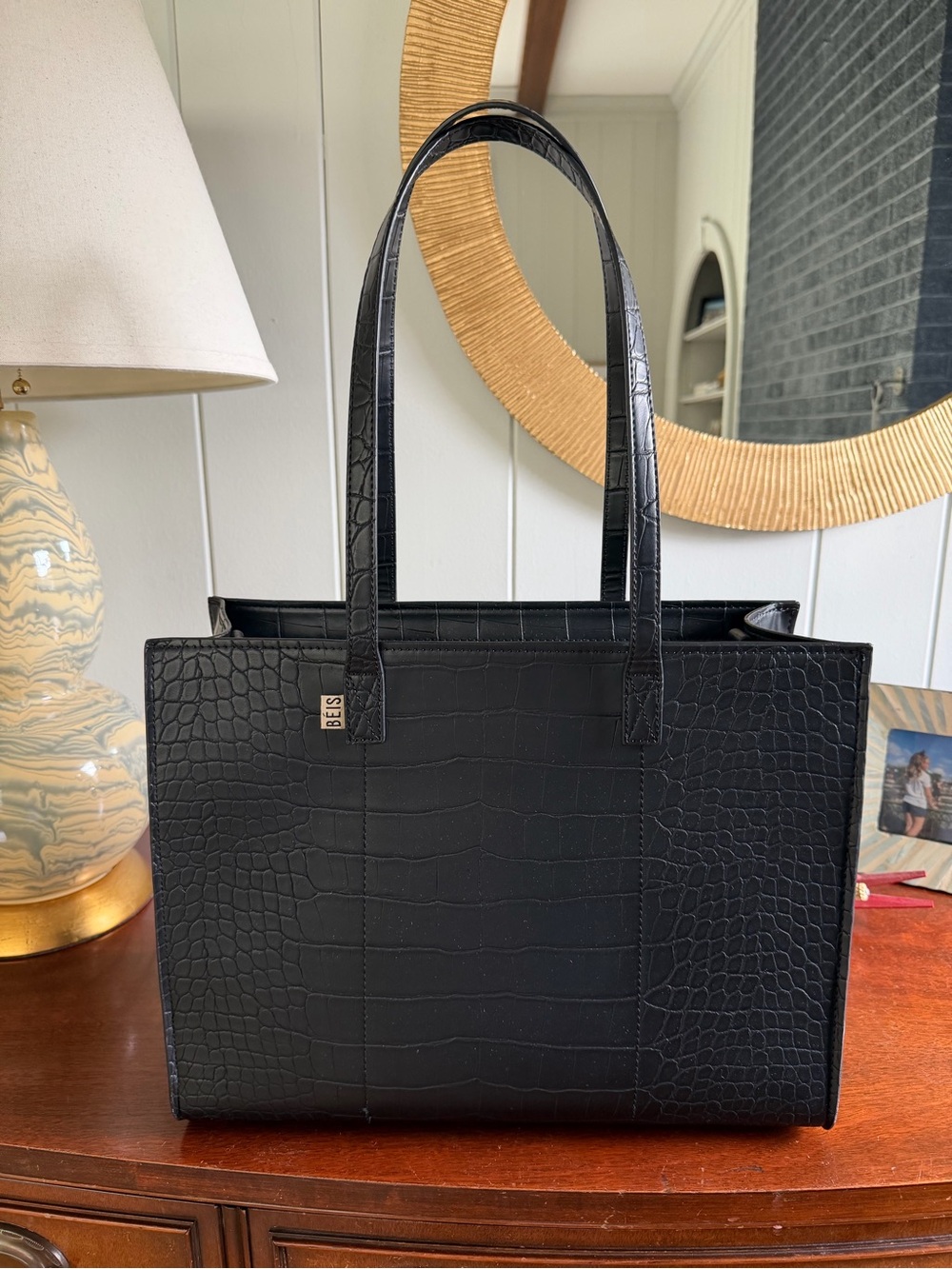 BEIS Black Croc-Embossed Structured Tote